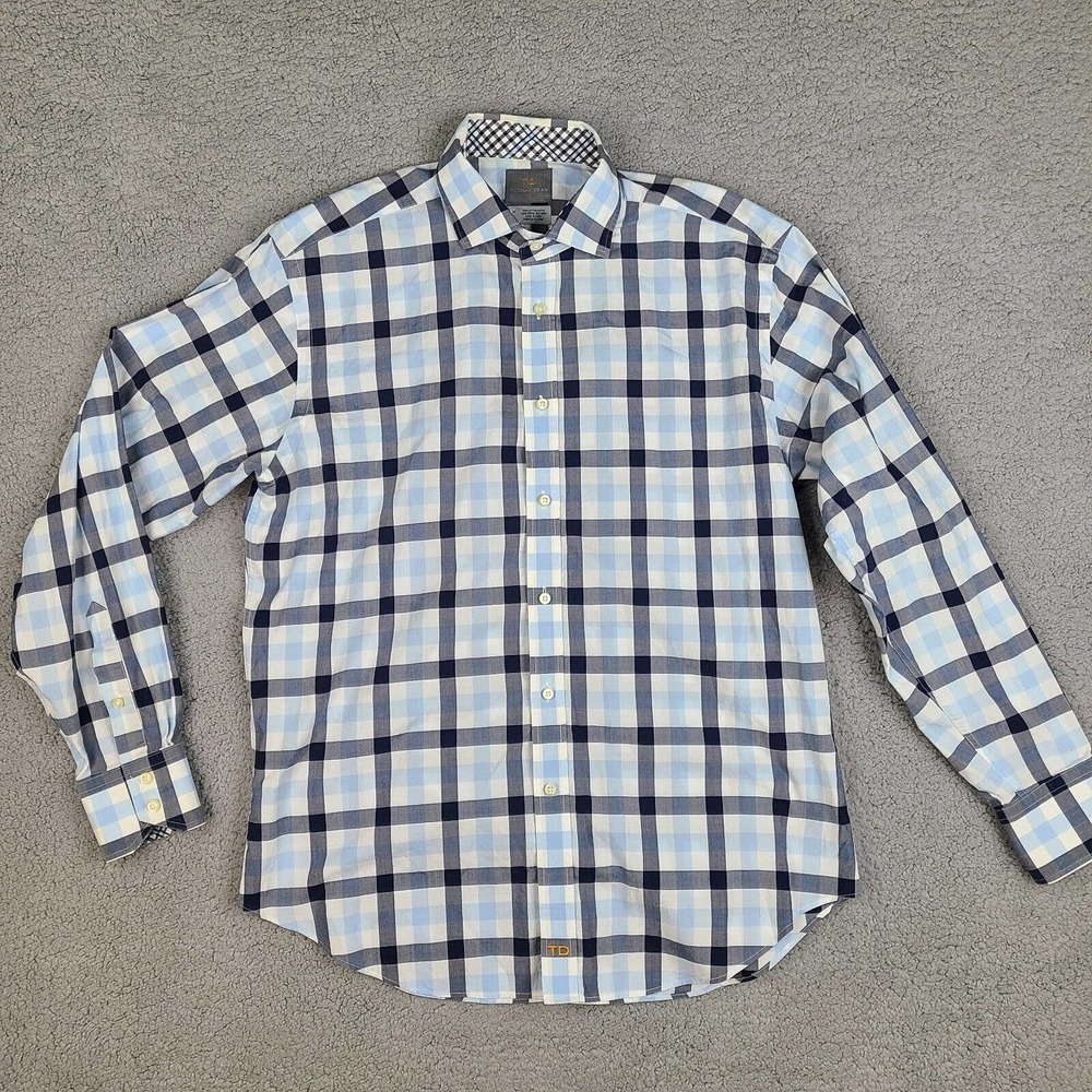 Thomas Dean Shirt Men's Medium Blue White‎ Plaid Long Staple 2ply Yarn
